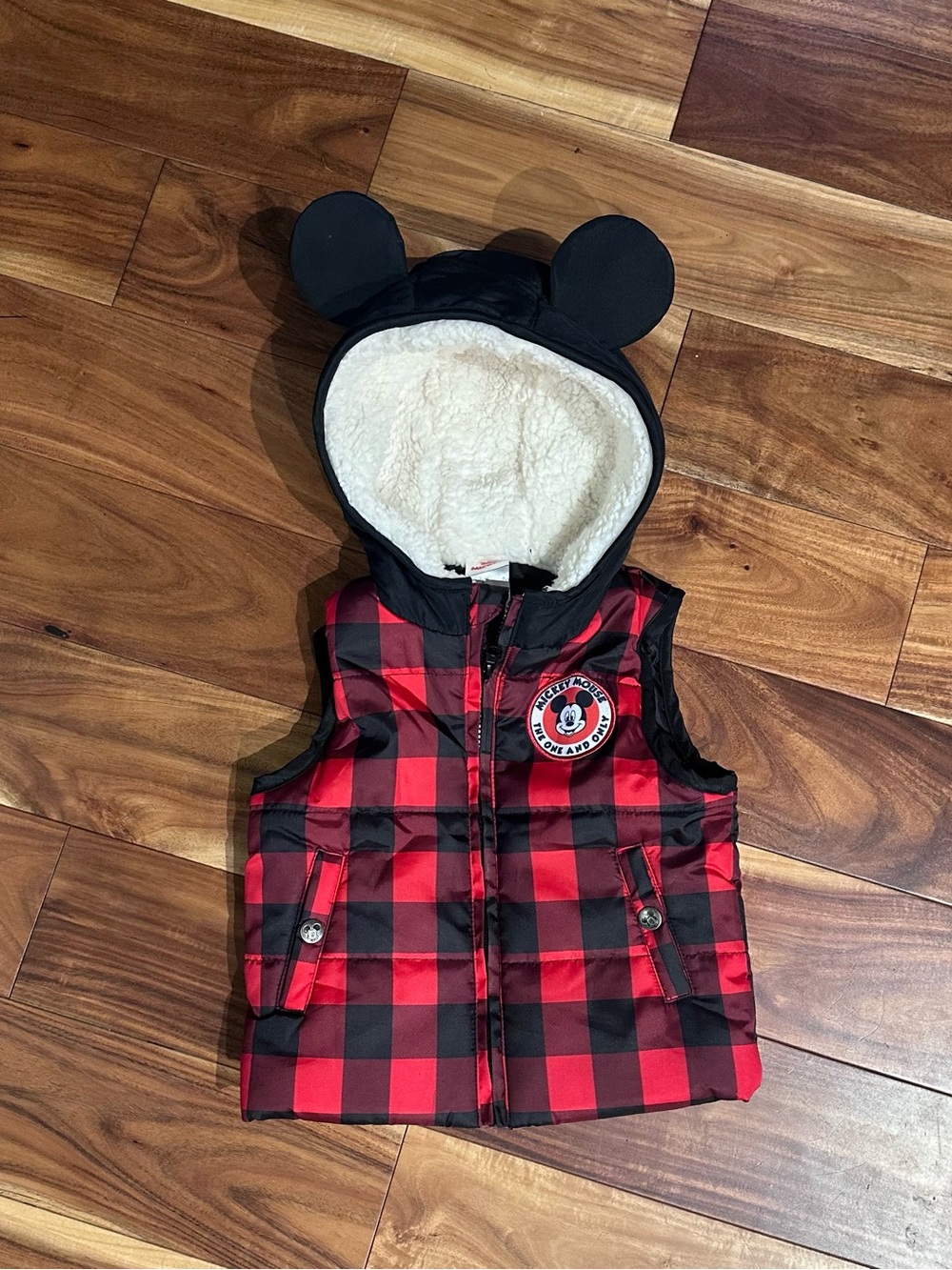 Disney Red and Black Plaid Mickey Ear Hooded Puffer Vest